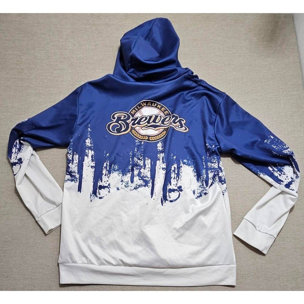 Milwaukee Brewers MLB Hoodie Blue White Paint Drip Pullover Mens XL Baseball - Picture 2 of 4